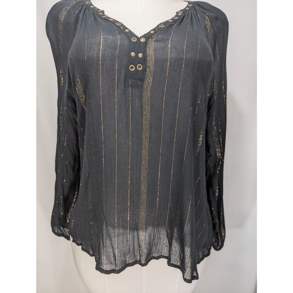 Rock &‎ Republic Black Gold Metallic Stripe Semi-Sheer Blouse Size S